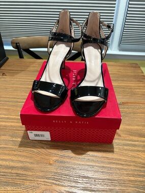 Kelly & Katie Black Patent Open-Toe Ankle Strap Heels